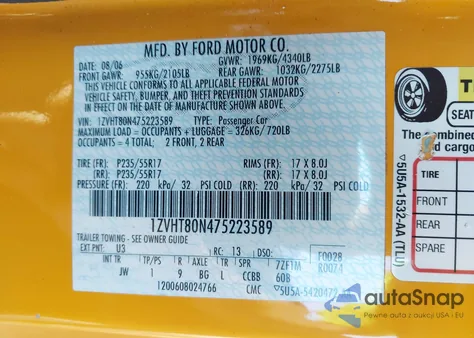 2007 Ford Mustang V6 Deluxe/V6 Premium z USA, uszkodzony, nr VIN 1ZVHT80N475223589